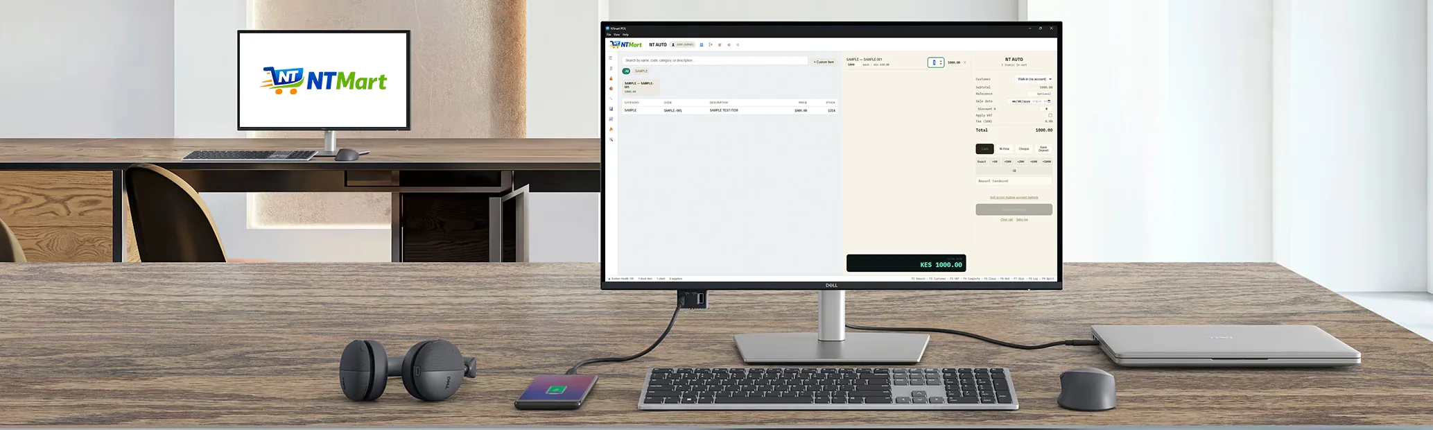 NTmart POS running on the till monitor at a shop counter