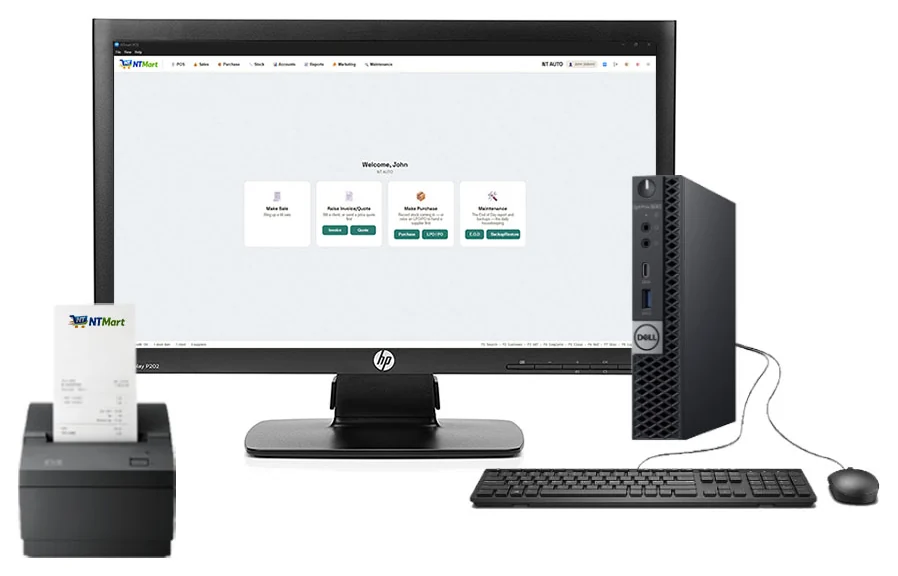 A complete NTmart POS counter — monitor running the dashboard, mini PC, keyboard and mouse, and a thermal receipt printer issuing a receipt